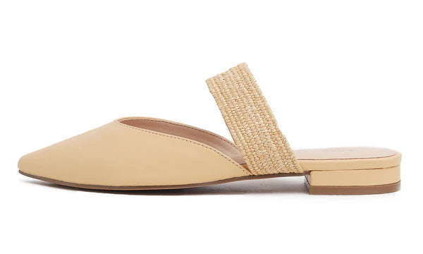 Feversole women's mules with pointed toe, flat heels, casual summer sandals, vegan leather, raffia straps