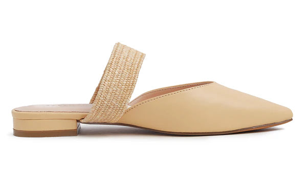 Feversole women's mules with pointed toe, flat heels, casual summer sandals, vegan leather, raffia straps