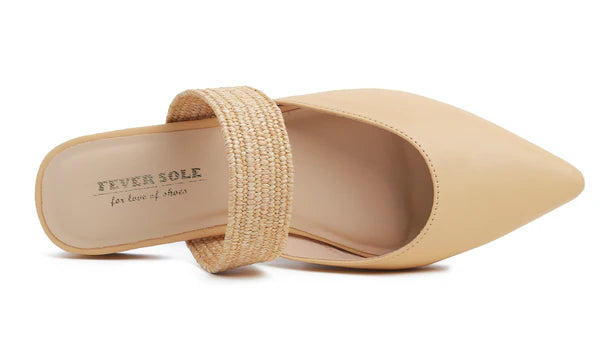 Feversole women's mules with pointed toe, flat heels, casual summer sandals, vegan leather, raffia straps