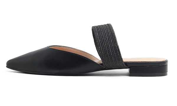 Feversole women's mules with pointed toe, flat heels, casual summer sandals, vegan leather, raffia straps