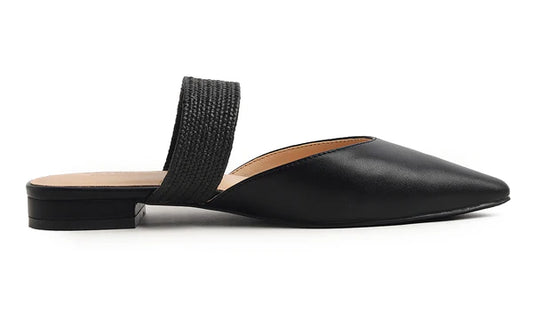 Feversole women's mules with pointed toe, flat heels, casual summer sandals, vegan leather, raffia straps