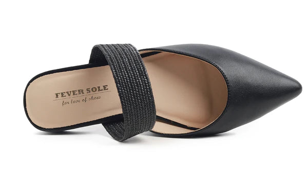 Feversole women's mules with pointed toe, flat heels, casual summer sandals, vegan leather, raffia straps