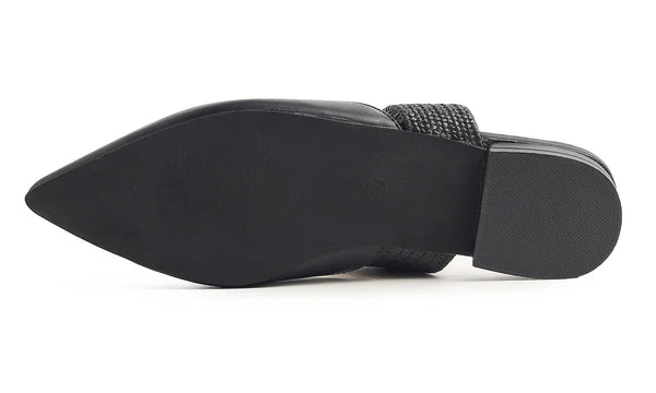 Feversole women's mules with pointed toe, flat heels, casual summer sandals, vegan leather, raffia straps