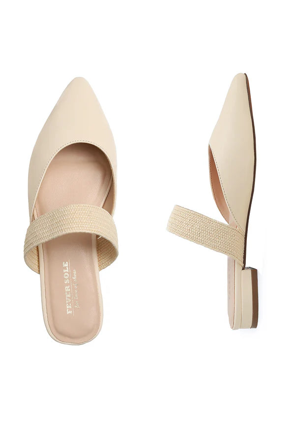 Feversole women's mules with pointed toe, flat heels, casual summer sandals, vegan leather, raffia straps