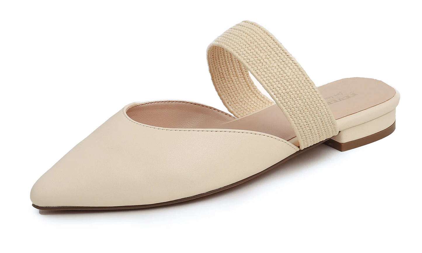 Feversole women's mules with pointed toe, flat heels, casual summer sandals, vegan leather, raffia straps