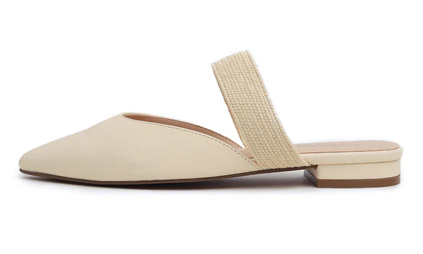 Feversole women's mules with pointed toe, flat heels, casual summer sandals, vegan leather, raffia straps