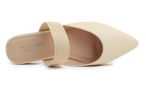 Feversole women's mules with pointed toe, flat heels, casual summer sandals, vegan leather, raffia straps