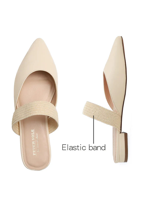 Feversole women's mules with pointed toe, flat heels, casual summer sandals, vegan leather, raffia straps